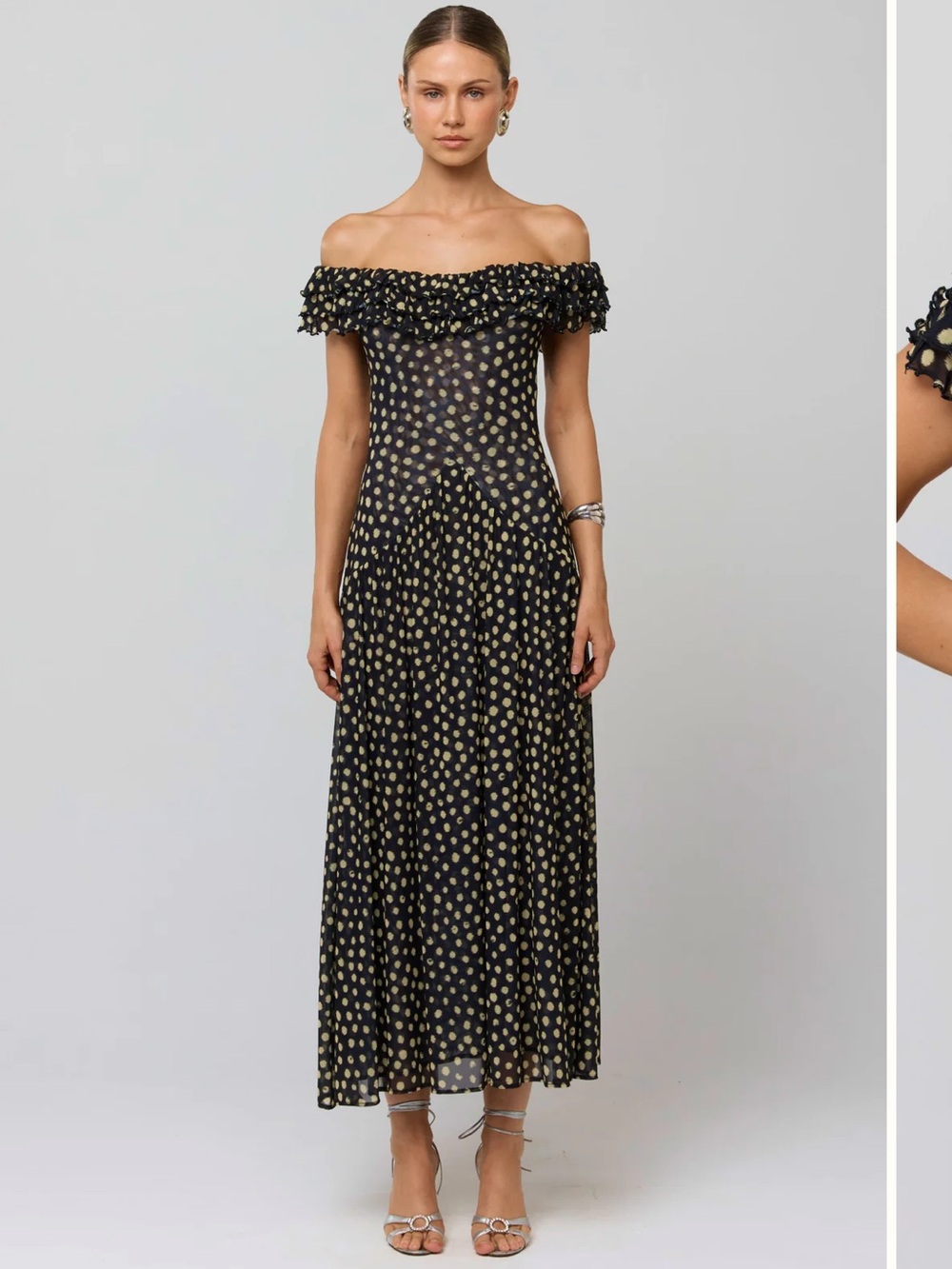 RESA Black Off-Shoulder Maxi Dress with Gold Polka Dots